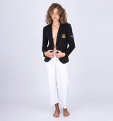 Taillierter Jersey Blazer in schwarz mit goldenem Emblem