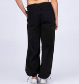 Schwarze Prachute Hose mit weitem Bein und Tunnelzug aus leichter Baumwolle