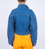 Kurze Vintage Look Jeansjacke mit raffinierten Ballonärmeln in Mid Blue