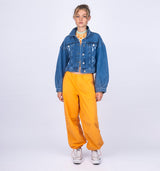 Kurze Vintage Look Jeansjacke mit raffinierten Ballonärmeln in Mid Blue