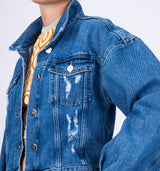 Kurze Vintage Look Jeansjacke mit raffinierten Ballonärmeln in Mid Blue