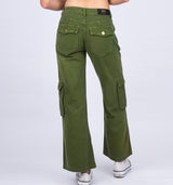 Grüne Low Waist Wide Leg Cargo Hose aus derben Jeans mit aufgesetzten Taschen