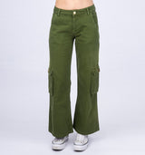 Grüne Low Waist Wide Leg Cargo Hose aus derben Jeans mit aufgesetzten Taschen