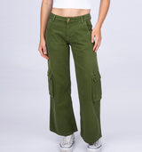 Grüne Low Waist Wide Leg Cargo Hose aus derben Jeans mit aufgesetzten Taschen