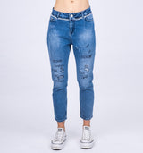 Streng limitierte Paula S High Waist Loose Fit Jeans mit silbernen Steinen und destroyed Look