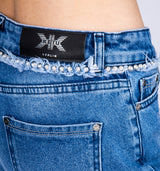 Streng limitierte Paula S High Waist Loose Fit Jeans mit silbernen Steinen und destroyed Look