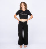 Pink Schwarze Low Waist Wide Leg Cargo Hose in derben Denim