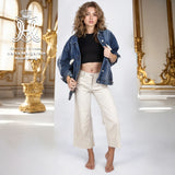 Oversize Jeansjacke Engel beige verziert von Hand mit Glassteinen – „The Royal Denim Kollektion“ für urbanen Luxus