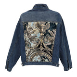 Oversize Jeansjacke Engel blue mit barockem Brokat & handverzierten Glassteinen – E „The Royal Denim Kollektion“