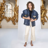Oversize Jeansjacke Engel blue mit barockem Brokat & handverzierten Glassteinen – E „The Royal Denim Kollektion“