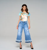 Gloria F – High Fashion Jeans Culotte , Federn und Satinband aus der Royal Denim Kollektion