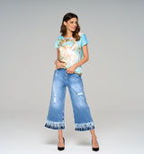 Gloria F – High Fashion Jeans Culotte , Federn und Satinband aus der Royal Denim Kollektion