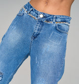 Streng limierte Paula Gold High Waist Loose Fit Jeans mit goldenen Nieten und Glassteinen mit dezentem destroyed Effekt