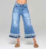 Gloria F – High Fashion Jeans Culotte , Federn und Satinband aus der Royal Denim Kollektion