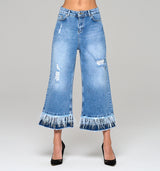 Gloria F – High Fashion Jeans Culotte , Federn und Satinband aus der Royal Denim Kollektion