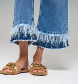 Gloria F – High Fashion Jeans Culotte , Federn und Satinband aus der Royal Denim Kollektion