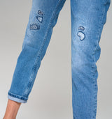 Streng limierte Paula Gold High Waist Loose Fit Jeans mit goldenen Nieten und Glassteinen mit dezentem destroyed Effekt