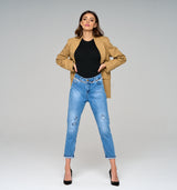 Streng limierte Paula Gold High Waist Loose Fit Jeans mit goldenen Nieten und Glassteinen mit dezentem destroyed Effekt
