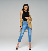 Streng limierte Paula Gold High Waist Loose Fit Jeans mit goldenen Nieten und Glassteinen mit dezentem destroyed Effekt