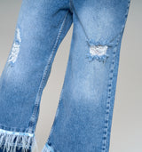 Gloria F – High Fashion Jeans Culotte , Federn und Satinband aus der Royal Denim Kollektion