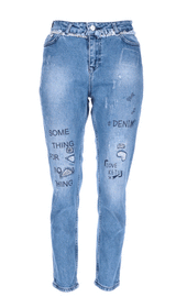 Streng limitierte Paula S High Waist Loose Fit Jeans mit silbernen Steinen und destroyed Look