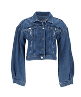 Kurze Vintage Look Jeansjacke mit raffinierten Ballonärmeln in Mid Blue