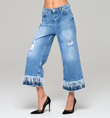 Gloria F – High Fashion Jeans Culotte , Federn und Satinband aus der Royal Denim Kollektion