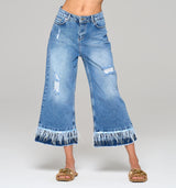 Gloria F – High Fashion Jeans Culotte , Federn und Satinband aus der Royal Denim Kollektion