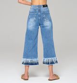 Gloria F – High Fashion Jeans Culotte , Federn und Satinband aus der Royal Denim Kollektion