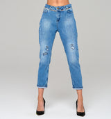 Streng limierte Paula Gold High Waist Loose Fit Jeans mit goldenen Nieten und Glassteinen mit dezentem destroyed Effekt