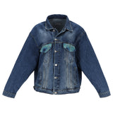 Einzigartige Oversize Jeansjacke mit hochwertiger Jacquardmusterung im Pfauen-Design