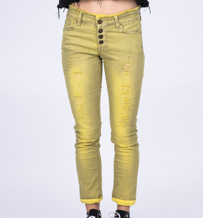 Slim Fit Low Waist Jeans in gewaschenem gewaschenem Gelb-Grün mit Fransenbund und destroyed Effekten