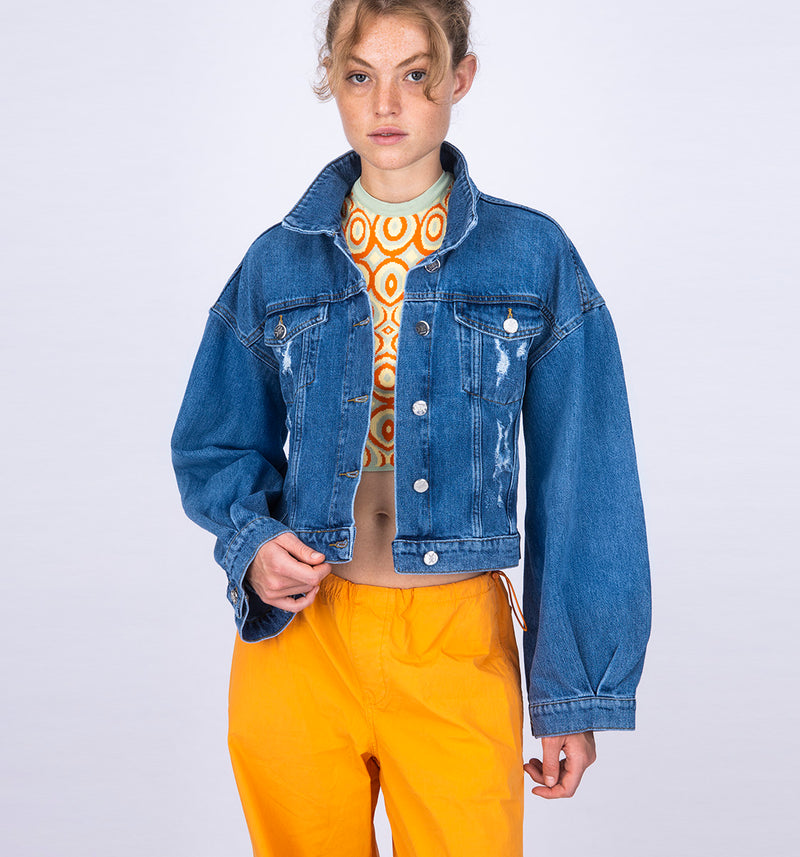 Kurze Vintage Look Jeansjacke mit raffinierten Ballonärmeln in Mid Blue