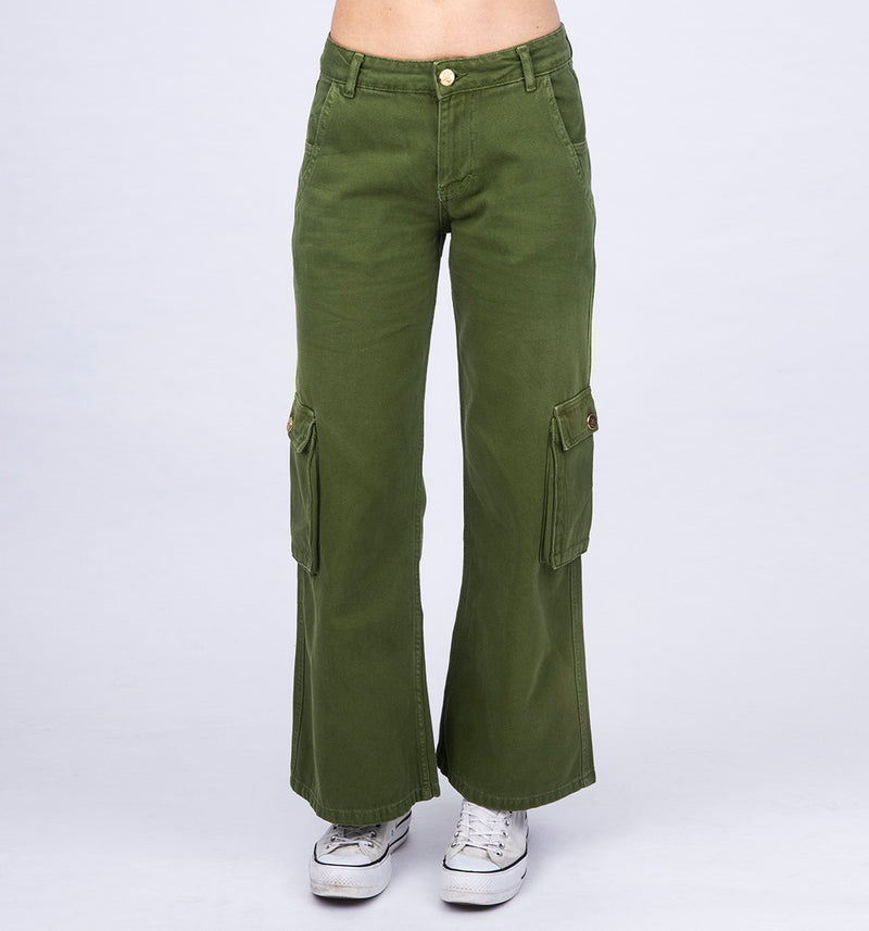 Grüne Low Waist  Wide Leg Cargo Hose aus derben Jeans mit aufgesetzten Taschen