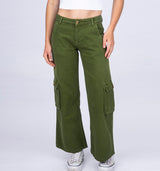 Grüne Low Waist  Wide Leg Cargo Hose aus derben Jeans mit aufgesetzten Taschen