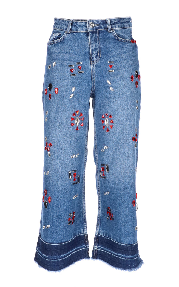 Gloria R Personalisierte Denim Culotte mit roten und weißen Glassteinen aus der Collektion von Princess Herta Margarete Habsburg