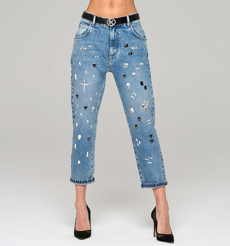 Boyfriend Jeans im Glam Rock Look mit echten Swarovski Kristallen