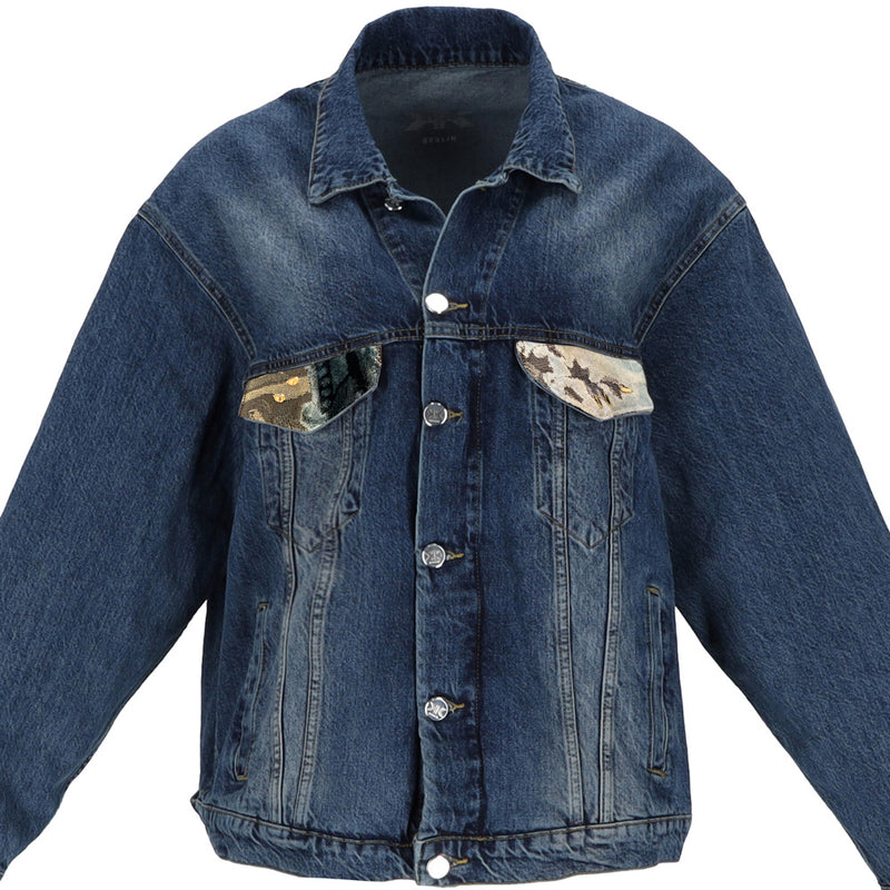 Oversize Jeansjacke  Engel blue mit barockem Brokat & handverzierten Glassteinen – E „The Royal Denim Kollektion“