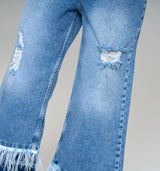 High Fashion Jeans Culotte in Cropped Look mit Satinband und Federn